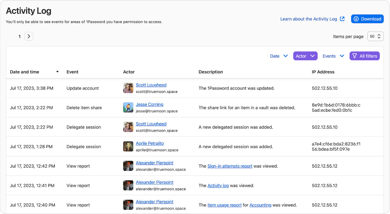 1Password Business activity log table with date, event, actor, description and IP address columns.