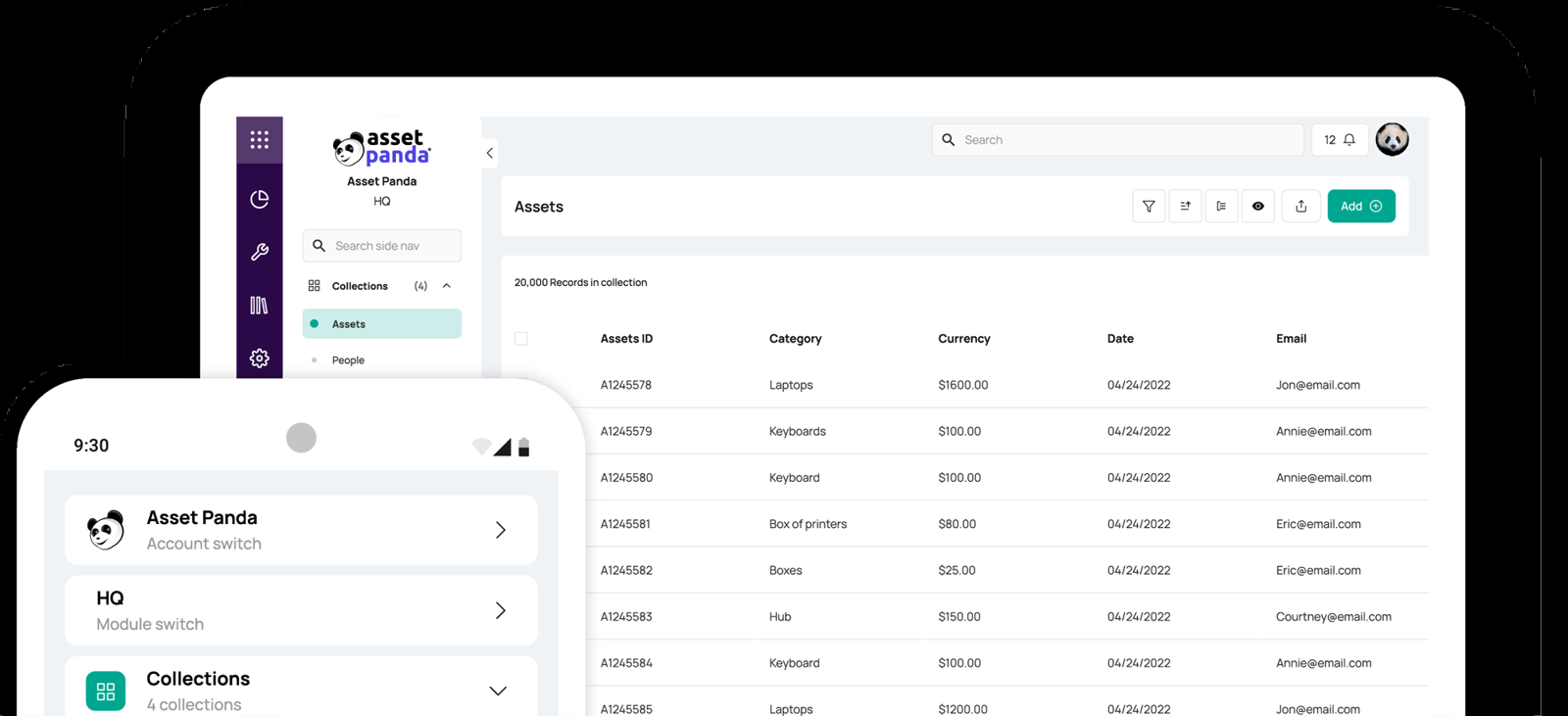 Asset Panda web app Assets collection with 20,000 records showing asset ID, category, currency, date and email columns, next to the mobile app navigation.
