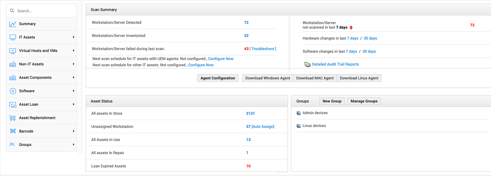 ManageEngine AssetExplorer Asset Summary with a scan summary of detected, inventoried and failed workstations, agent download buttons and asset status counts for in store, in use and in repair.