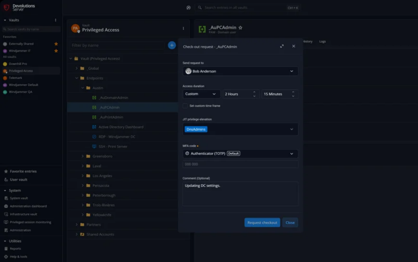 Devolutions Server privileged access vault with a check-out request dialog for a domain admin account, showing access duration, JIT privilege elevation and MFA code fields.