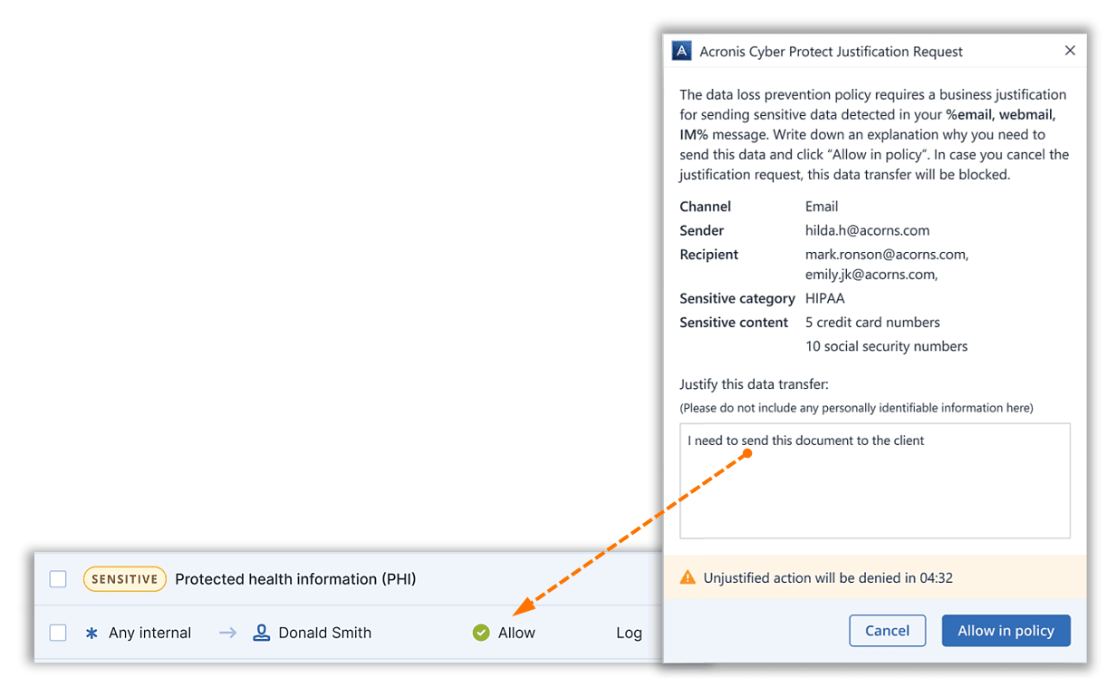 Acronis Cyber Protect justification request asking a user to explain an email containing credit card and Social Security numbers, linked to the data flow policy rule it creates.