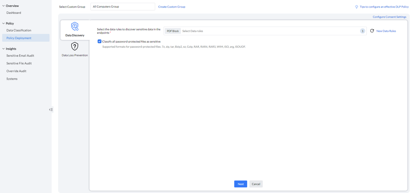 ManageEngine Endpoint DLP Plus policy deployment screen selecting data rules for discovery on all computers, with the option to classify password-protected archives as sensitive.