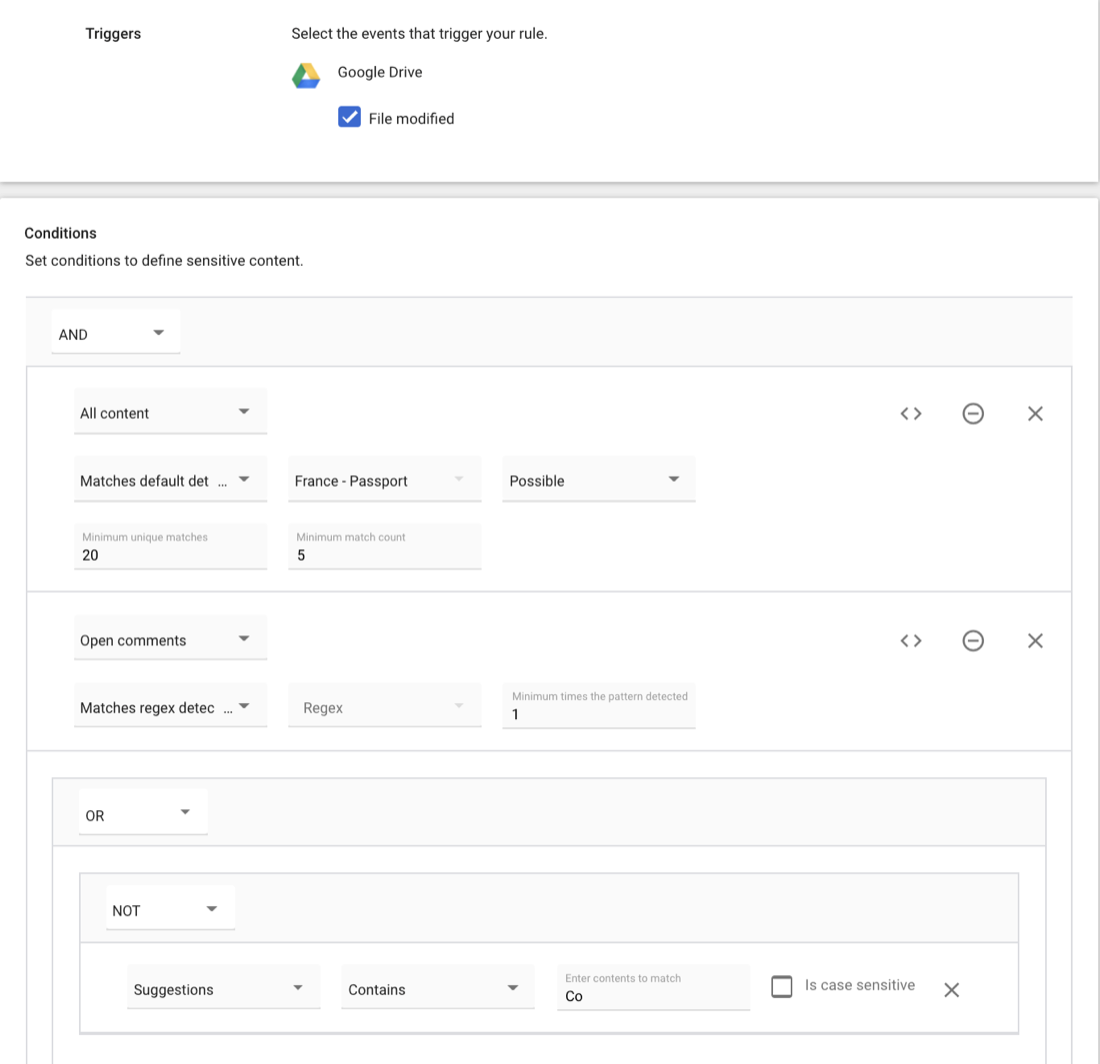 Google Workspace Admin console DLP rule editor with a Google Drive file-modified trigger, a passport detector with minimum match counts, a regex condition and nested OR and NOT conditions.