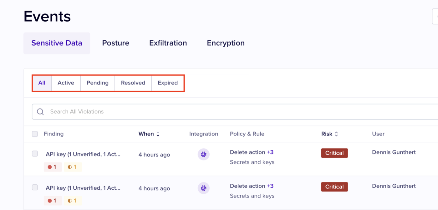 Nightfall AI Events console listing sensitive data findings such as API keys with the Slack integration, the policy and rule matched, a Critical risk label and the user.