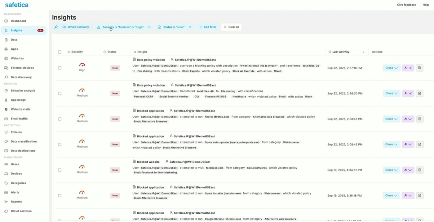 Safetica Insights list of DLP incidents with severity and status, including a user overriding a block-with-override policy with a reason and blocked transfers of files classified as SSN and PCI DSS data.