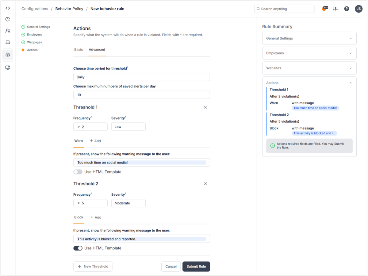 Teramind behavior rule editor Actions step with a daily threshold that warns the user after 2 violations and blocks after 5, and a rule summary panel.