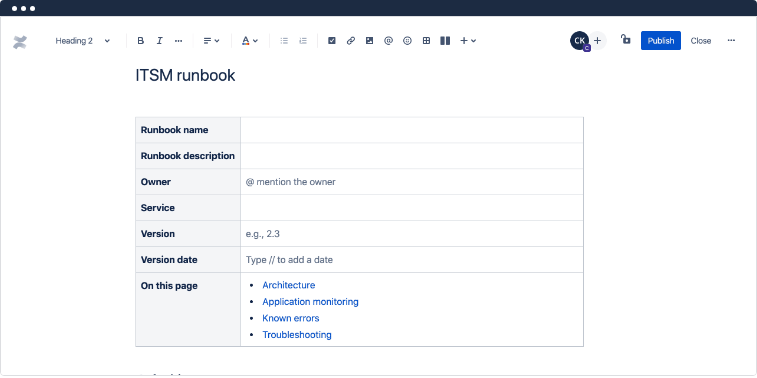 Confluence page editor showing the ITSM runbook template with a table for runbook name, description, owner, service and version, and links to architecture, known errors and troubleshooting.