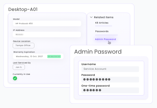 Hudu illustration of a Desktop-A01 asset record with Related Items linking to an Admin Password record that shows username, masked password and one-time password fields.