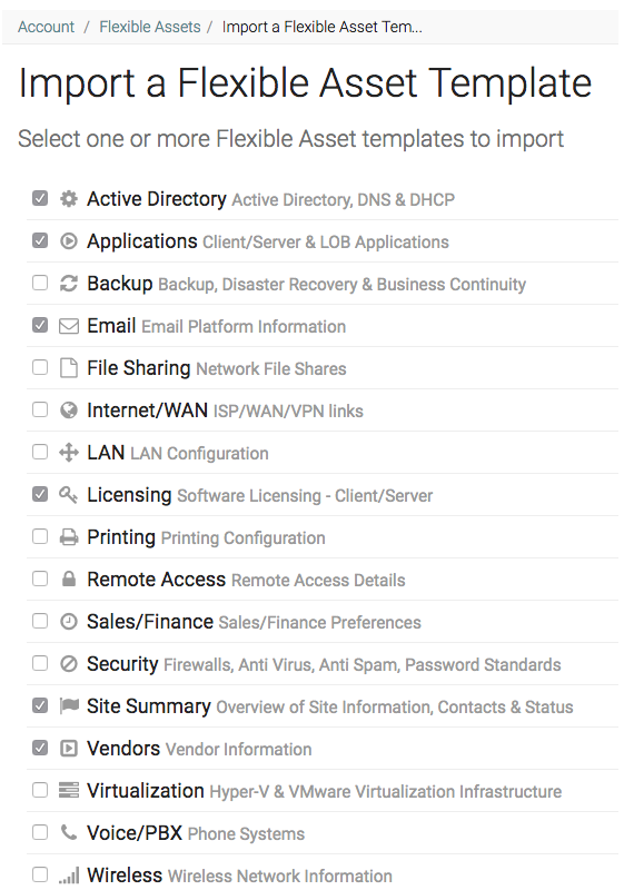 IT Glue Import a Flexible Asset Template screen listing templates such as Active Directory, Backup, Email, LAN, Site Summary and Vendors with checkboxes.