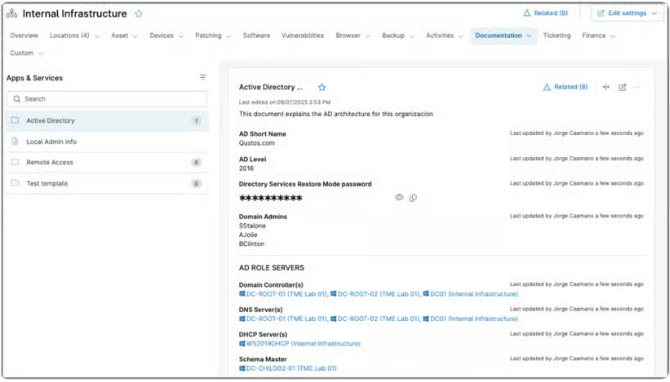 NinjaOne Documentation record for Active Directory with fields for AD level, a masked restore mode password and lists of domain controllers, DNS and DHCP servers.