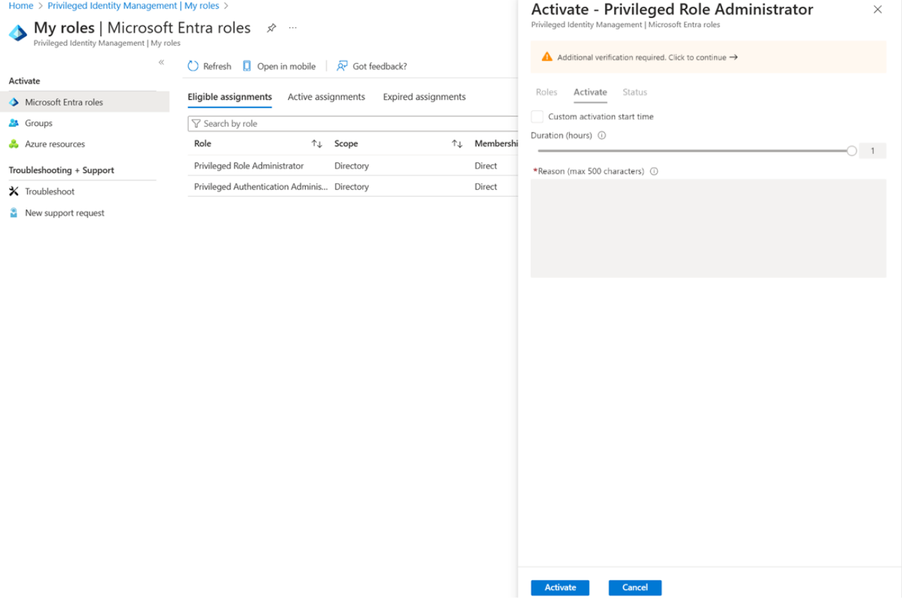 Microsoft Entra PIM My roles page with the Activate - Privileged Role Administrator panel showing duration slider, reason field and Activate button.