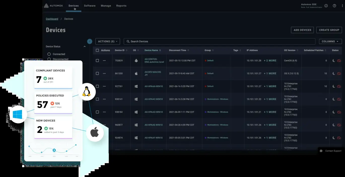 Automox console Devices list with operating system icons, group, IP address, OS version and scheduled patches columns, next to compliance cards for compliant devices, policies executed and new devices.
