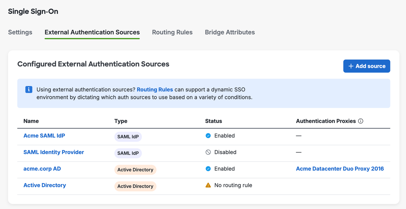 Duo Admin Panel Single Sign-On page showing the External Authentication Sources tab with a list of SAML identity providers and Active Directory sources, their status and authentication proxies.