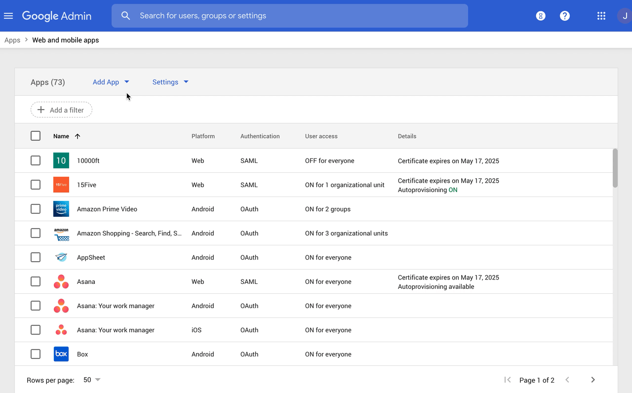 Google Admin console Web and mobile apps page listing apps with platform, SAML or OAuth authentication, user access scope and certificate details, with Add App and Settings menus above.