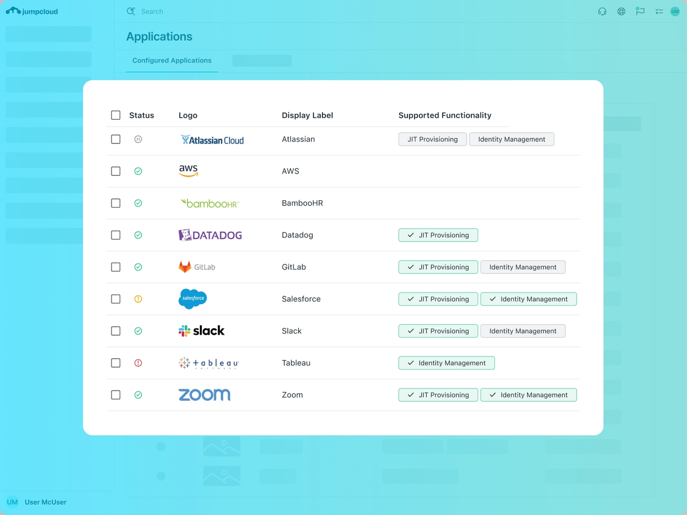 JumpCloud admin console Applications page listing configured SSO apps such as Atlassian, AWS, Slack and Zoom with status icons and JIT provisioning and identity management support tags.