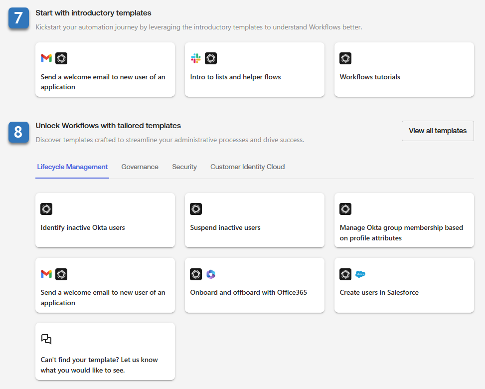 Okta Workflows console home page showing introductory templates and a Lifecycle Management template tab with cards such as identify inactive users, suspend inactive users and onboard with Office365.
