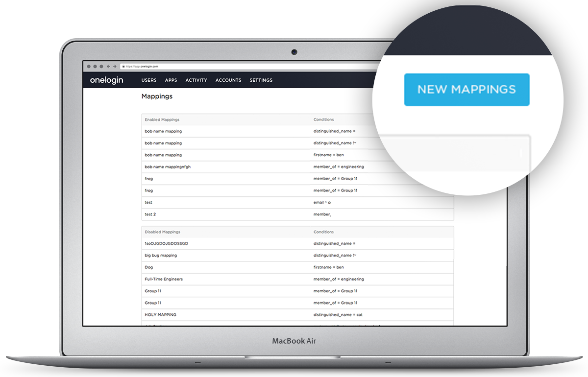 OneLogin admin console Mappings page showing enabled and disabled user mapping rules with their conditions, plus a highlighted New Mappings button, displayed on a laptop.
