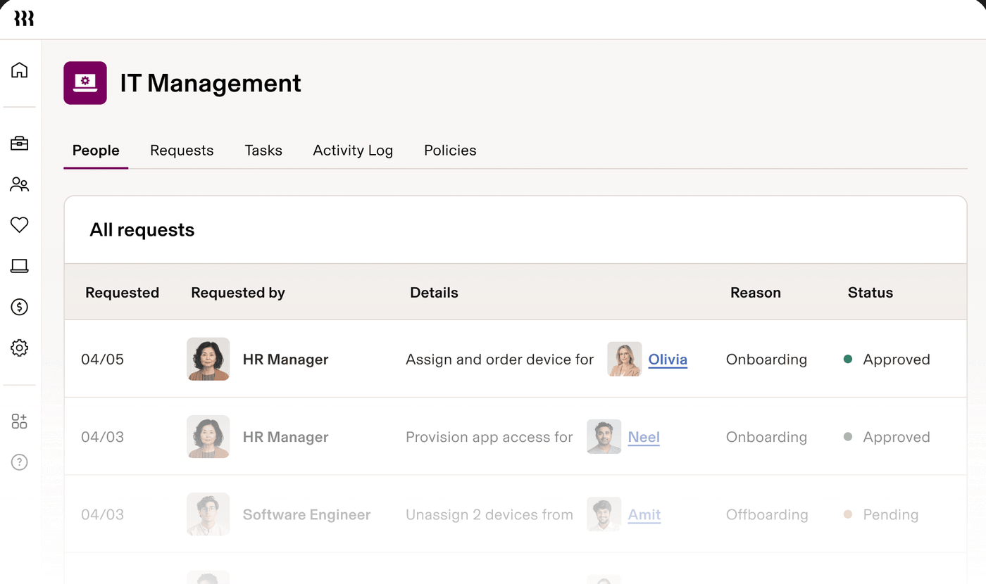 Rippling IT Management admin screen on the People tab with an All requests table showing device assignment and app access provisioning requests with onboarding and offboarding statuses.