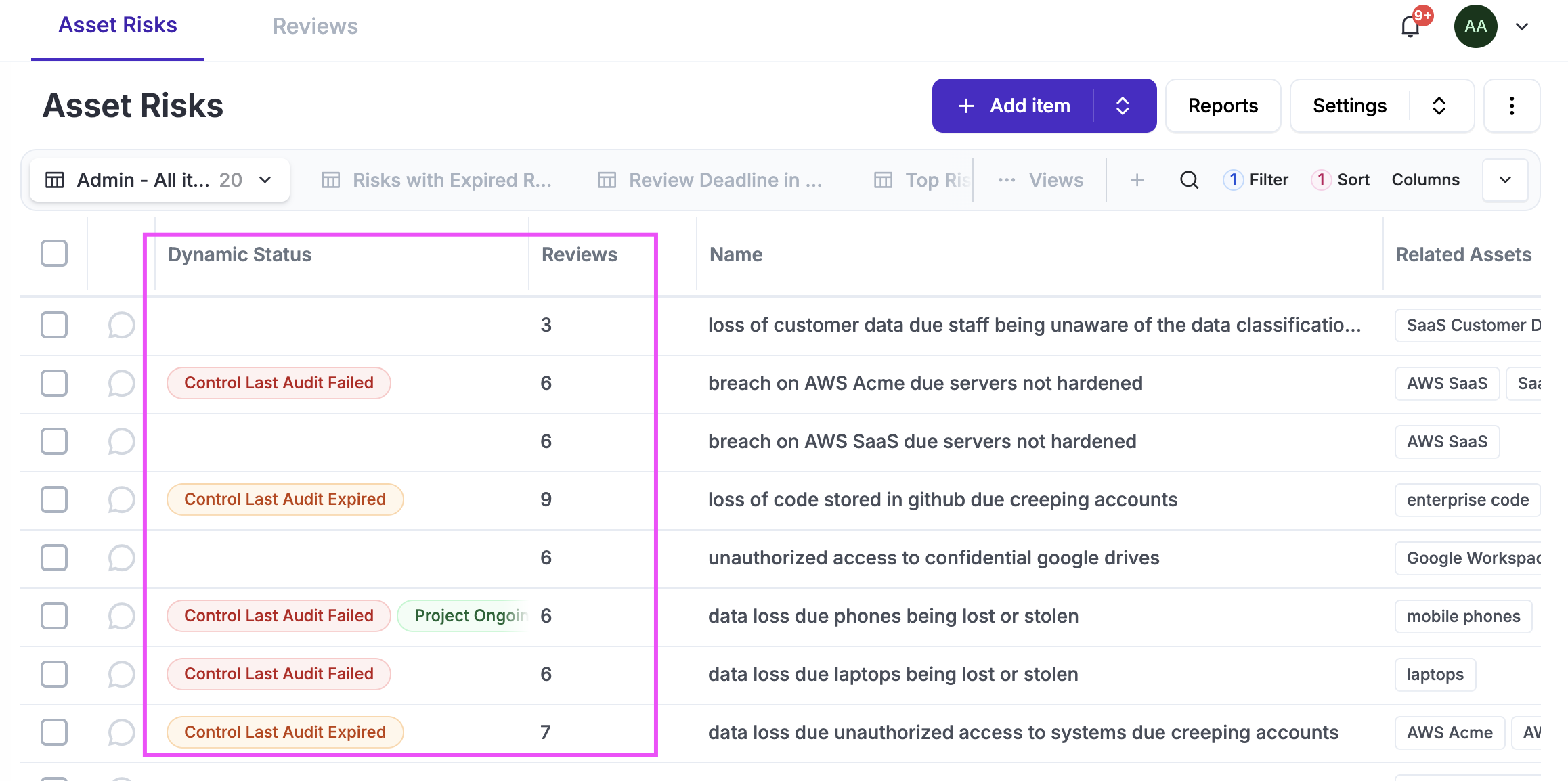 The Eramba Asset Risks register lists risks with Dynamic Status badges such as Control Last Audit Failed, review counts and related assets, with a highlight box around the status and reviews columns.