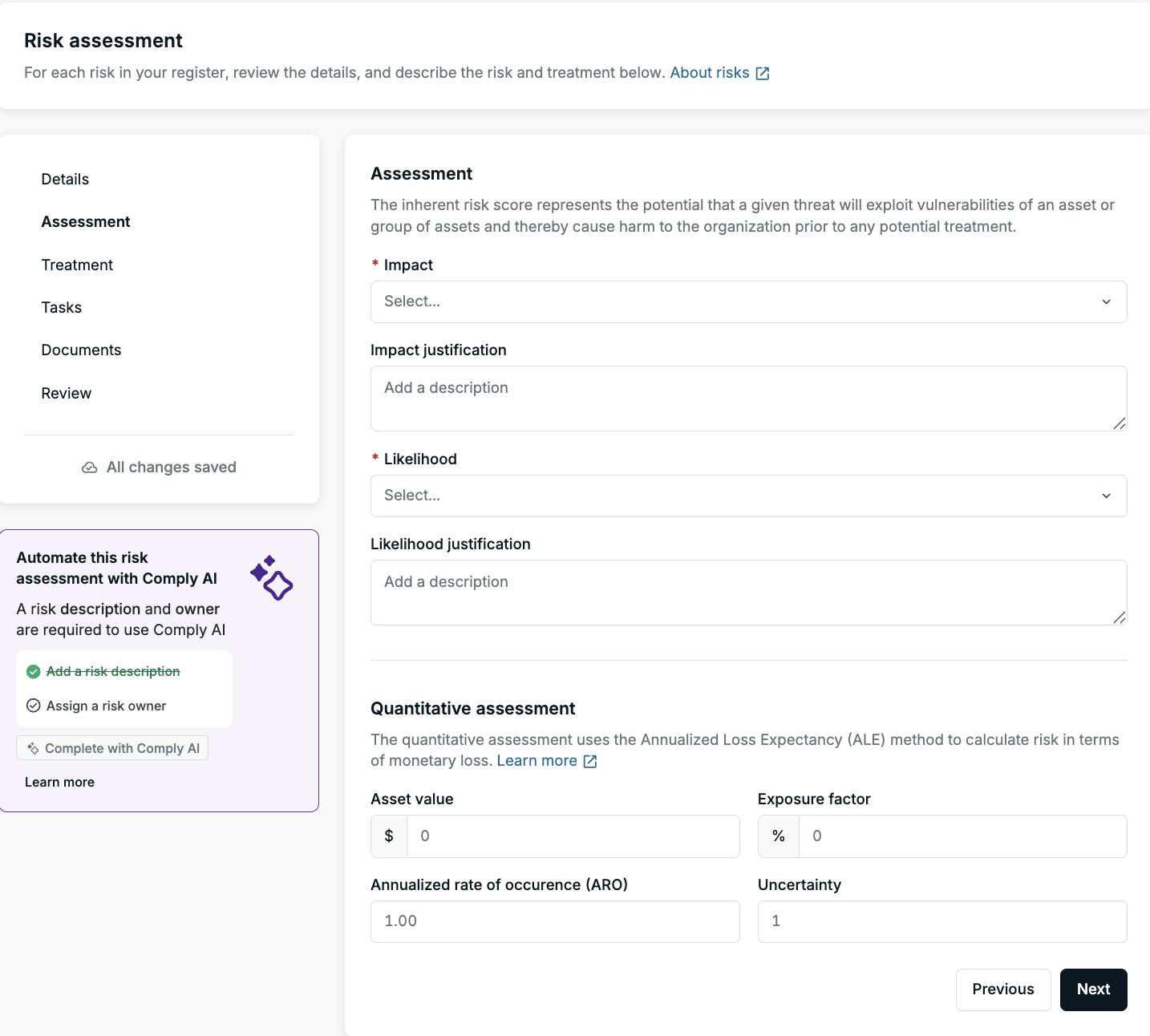 The Secureframe Risk assessment form has steps for Details, Assessment, Treatment, Tasks, Documents and Review, impact and likelihood dropdowns with justification fields and a quantitative section with asset value and annualized rate of occurrence.
