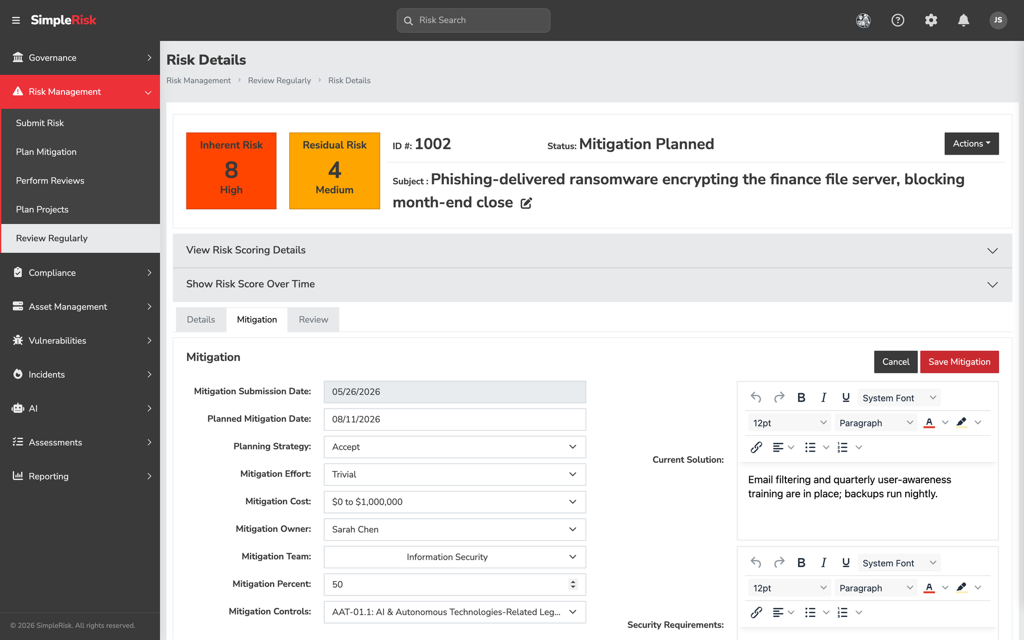 The SimpleRisk Risk Details page for a ransomware risk shows an inherent risk score of 8 (High), a residual score of 4 (Medium) and a Mitigation tab with planned date, strategy, effort, owner, percent and controls.
