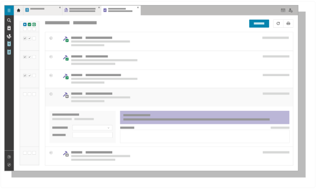 TOPdesk Change Management module showing a list of change records with status icons and an open change card with fields and a purple highlighted row.