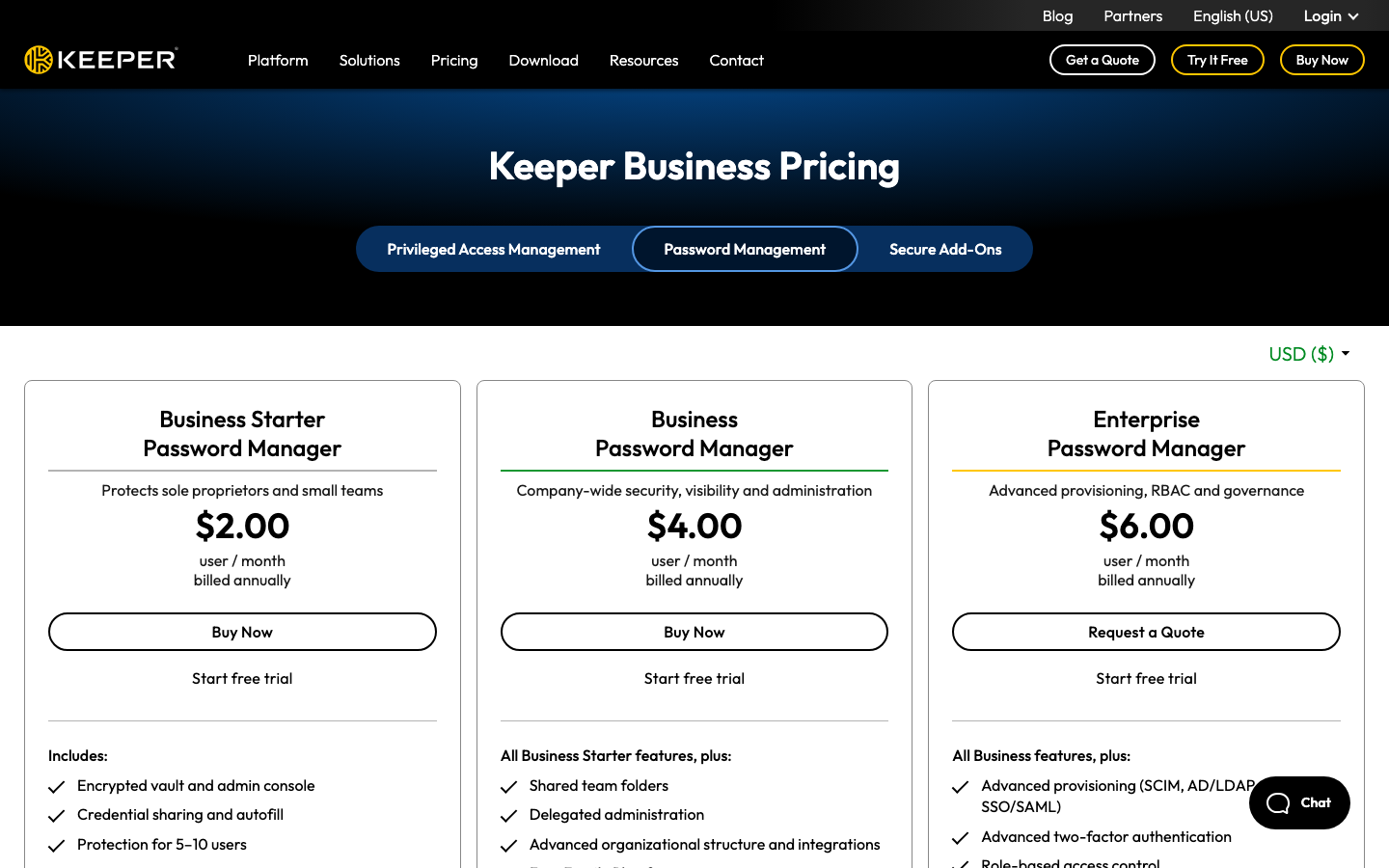 Keeper Business pricing page with Business Starter, Business and Enterprise plan cards and per-user rates.