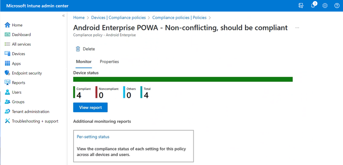The Microsoft Intune admin center shows an Android Enterprise compliance policy with Monitor tab, device status bar and Compliant, Noncompliant, Others and Total counts.