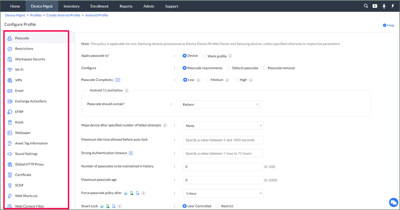 The ManageEngine Mobile Device Manager Plus Configure Profile screen for an Android profile shows a policy list and Passcode settings such as complexity and auto-lock time.