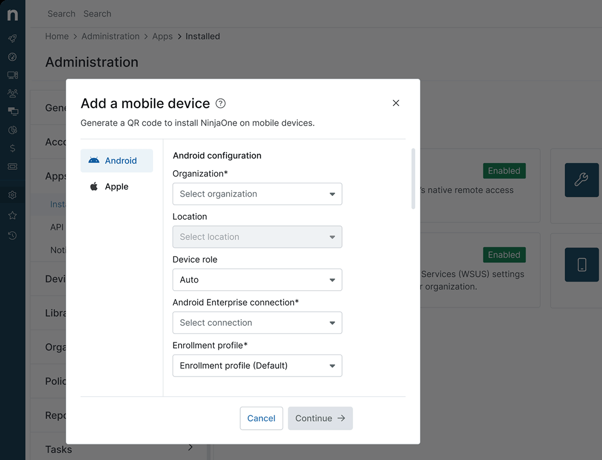 The NinjaOne Administration page shows an Add a mobile device dialog with Android and Apple tabs and fields for organization, location, device role, Android Enterprise connection and enrollment profile.