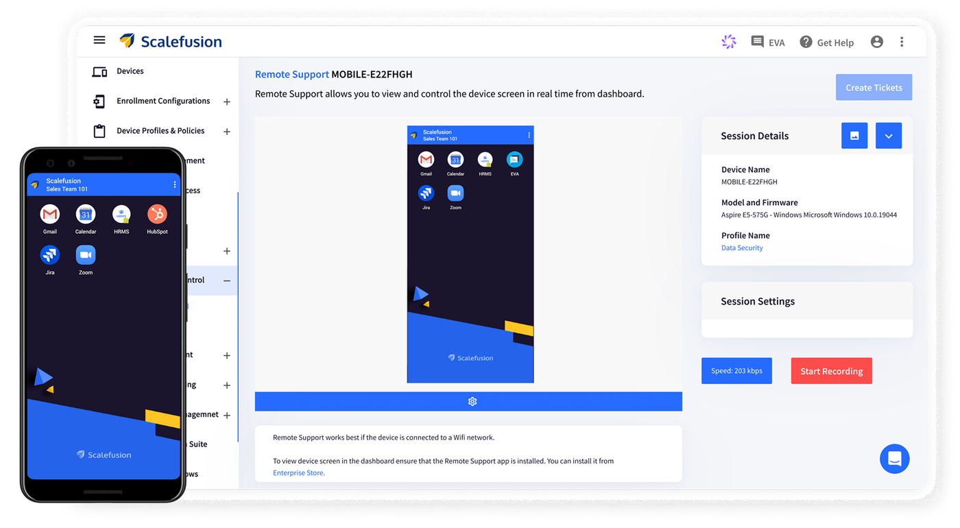The Scalefusion dashboard Remote Support screen shows a live view of a managed device with session details, device name, model, profile name and a left menu with Devices, Enrollment Configurations and Device Profiles and Policies.