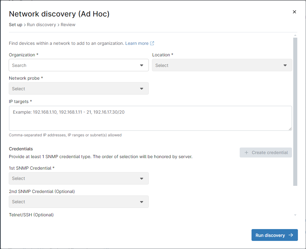 NinjaOne Network discovery dialog with organization, location, network probe, IP targets, SNMP credential fields and a Run discovery button.