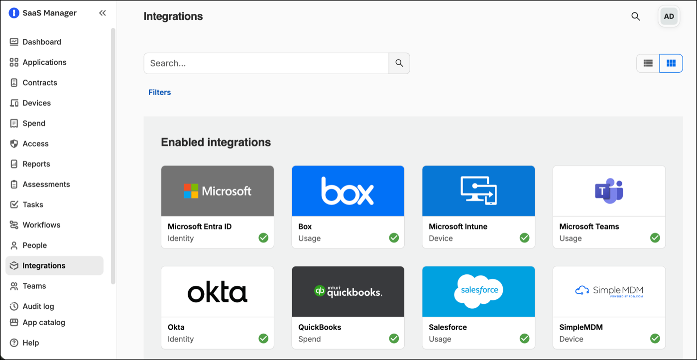 1Password SaaS Manager Integrations screen with enabled identity, usage, device and spend integrations such as Microsoft Entra ID, Okta, Microsoft Intune, Box and QuickBooks.