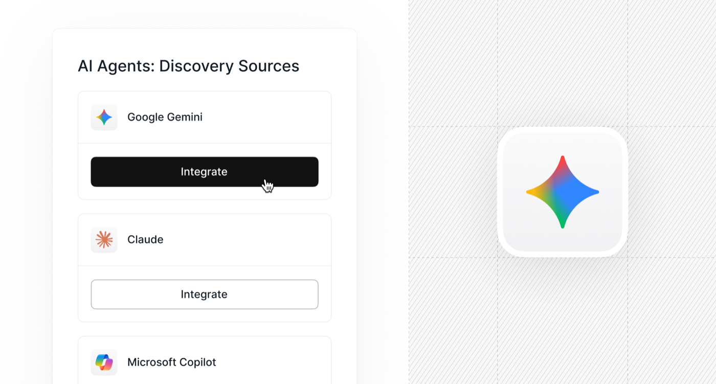 Josys AI Agents discovery sources panel with Integrate buttons for Google Gemini, Claude and Microsoft Copilot.