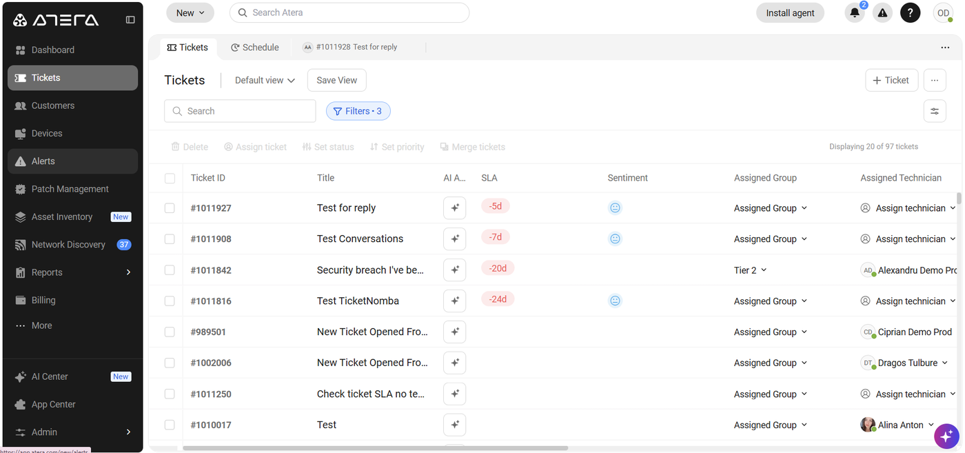 Atera Tickets list with an SLA column showing overdue time, AI actions, sentiment, assigned group and technician next to the Devices, Alerts and Patch Management menu.