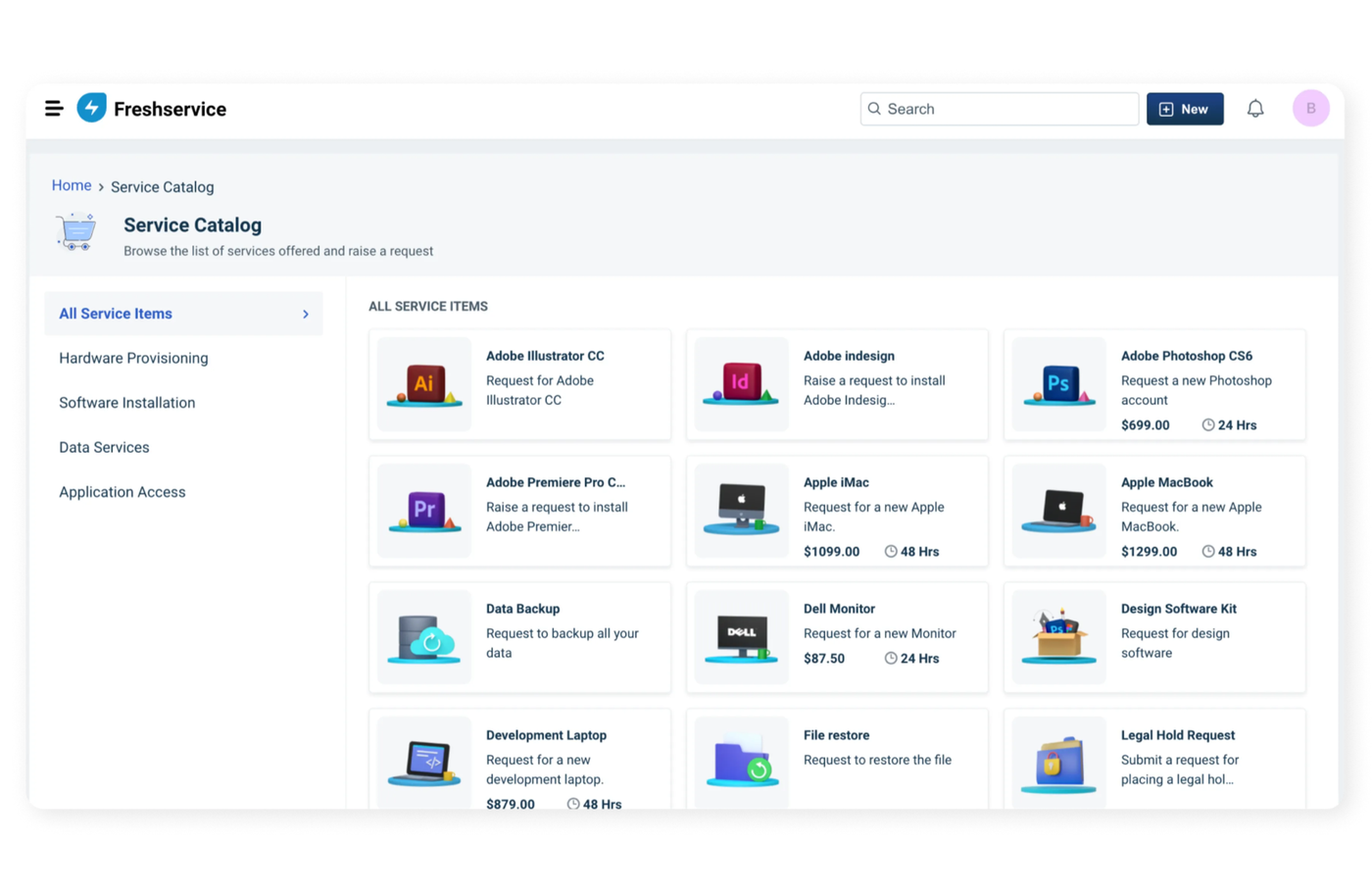 Freshservice employee portal showing the Service Catalog with categories such as Hardware Provisioning and Software Installation and request items with price and delivery time.