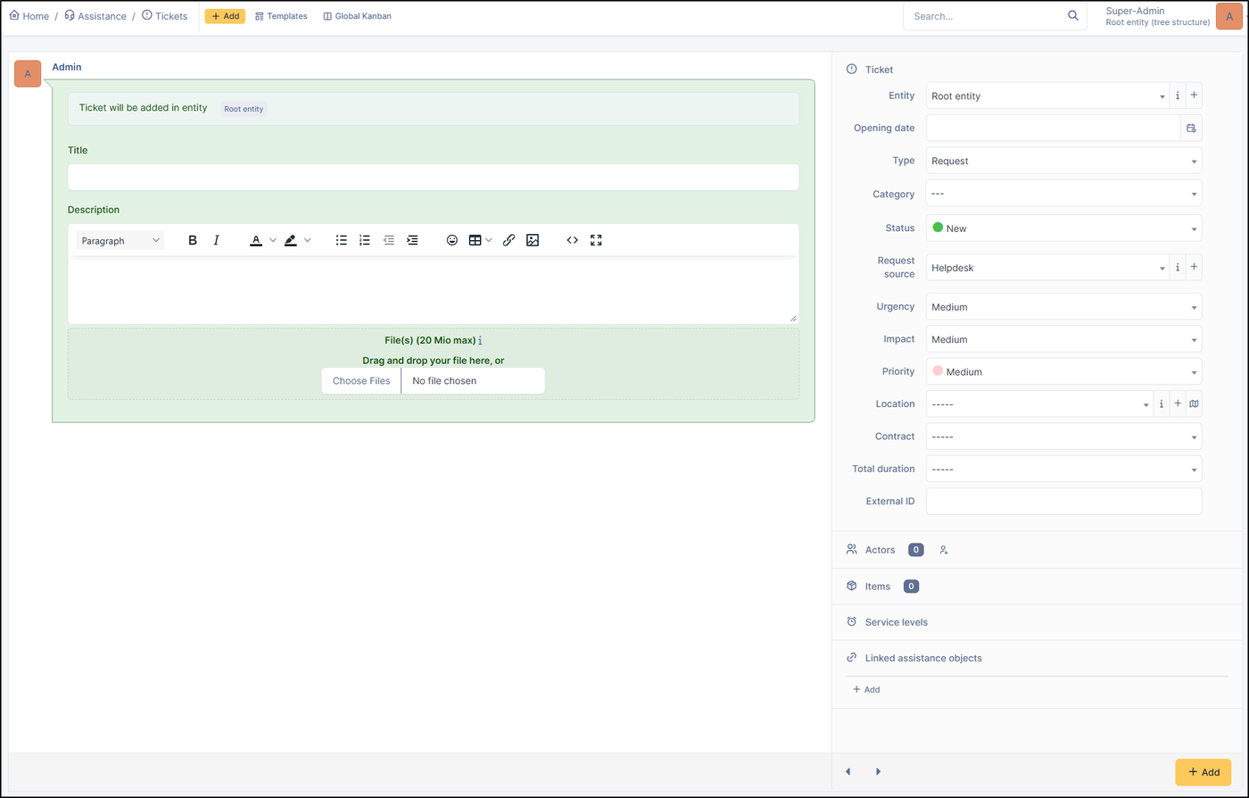 GLPI new ticket form in the standard interface with entity, type, category, urgency, impact, priority and service levels fields.