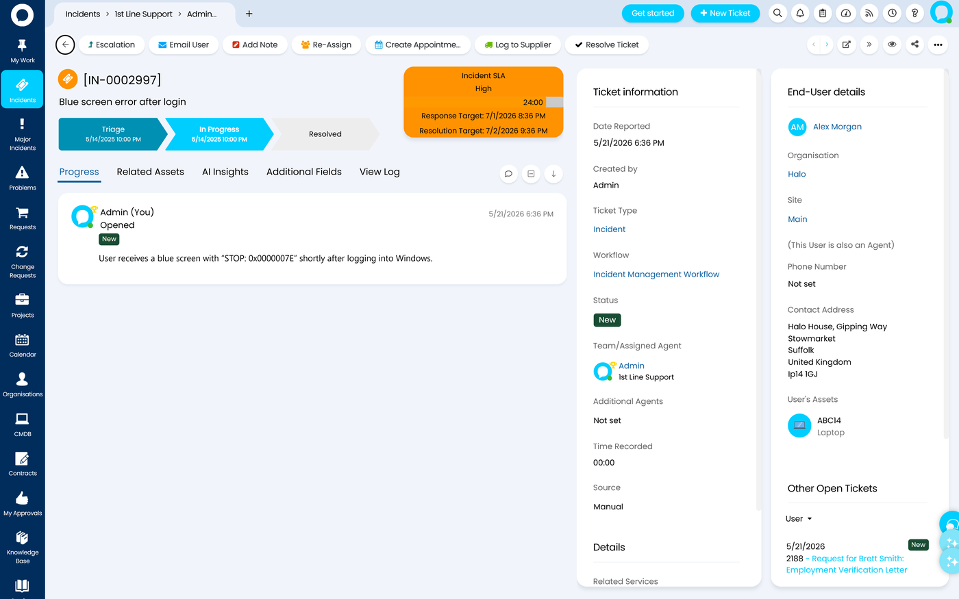 HaloITSM incident ticket with an Incident SLA panel showing response and resolution targets, ticket actions such as Escalation and Re-Assign, and the user's assets and other open tickets.