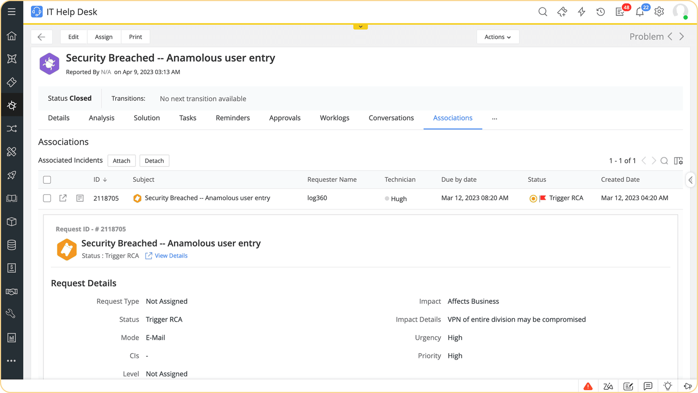 ManageEngine ServiceDesk Plus problem record with its associated incident, technician, due date and request details such as impact, urgency and priority.