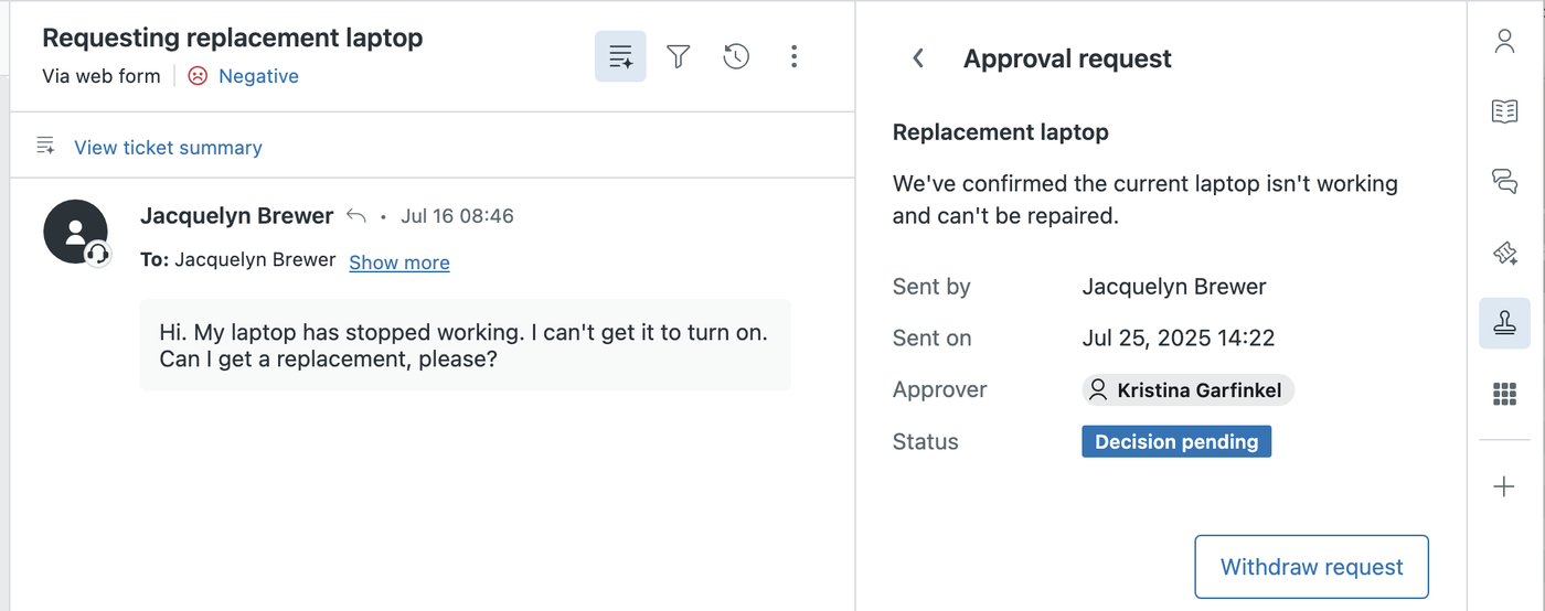 Zendesk agent workspace showing an employee ticket requesting a replacement laptop next to an approval request with approver and decision pending status.