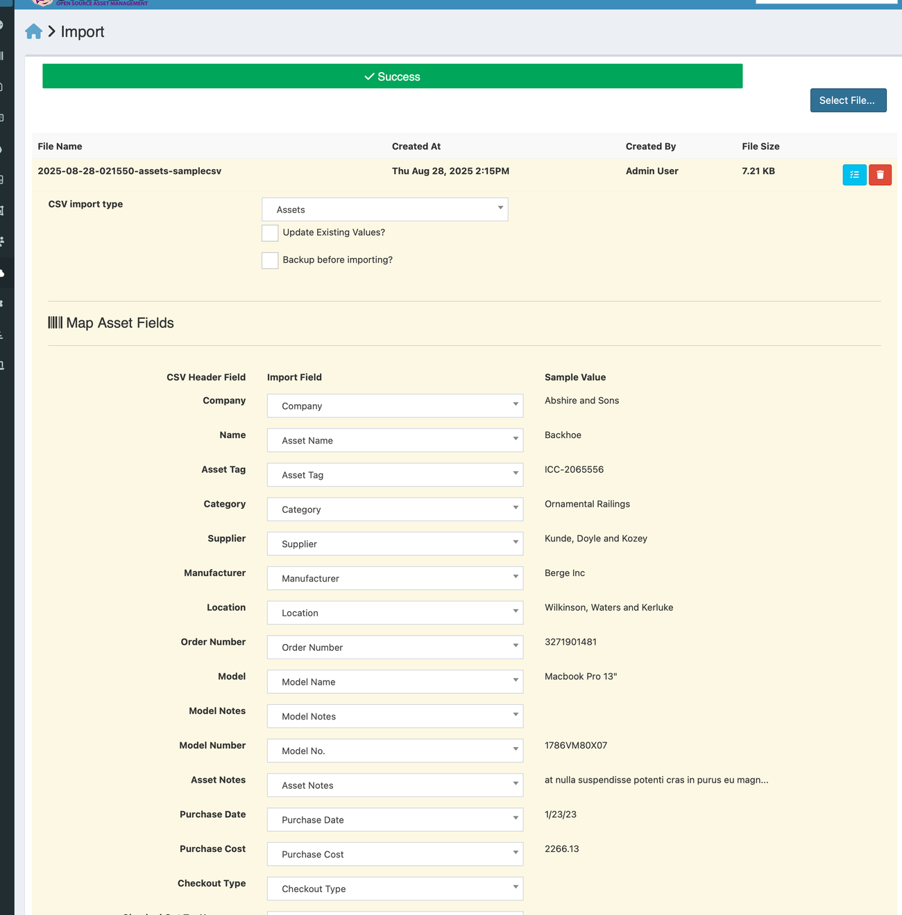 Snipe-IT CSV import screen with the asset import type selected and a field-mapping table matching CSV headers such as asset tag, model, location and purchase date to import fields.