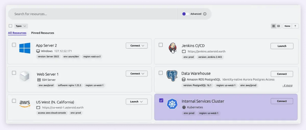 Teleport web UI resource list with searchable servers, a Jenkins app, a PostgreSQL database, AWS console and a selected Kubernetes cluster, each with a Connect or Launch button.